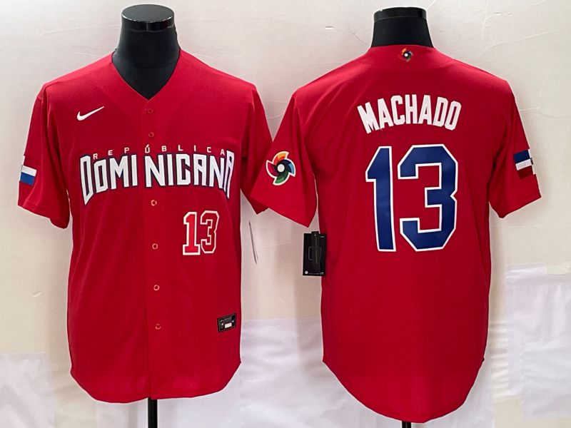 Men 2023 World Cub Dominicana #13 Machado Red Nike MLB Jersey4